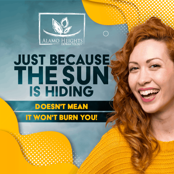 Just because the sun is hiding doesn't mean it won't burn your skin, Woman with red hair smiling, skin cancer,