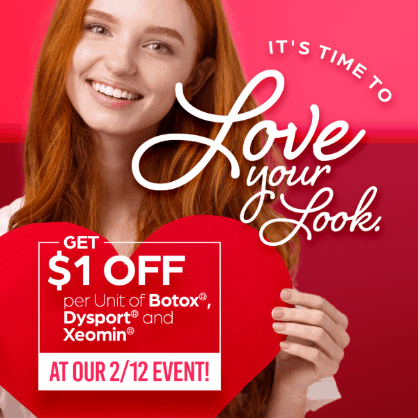 It's time to love your look, woman with red hair holding a heart, cosmetic dermatology in San Antonio